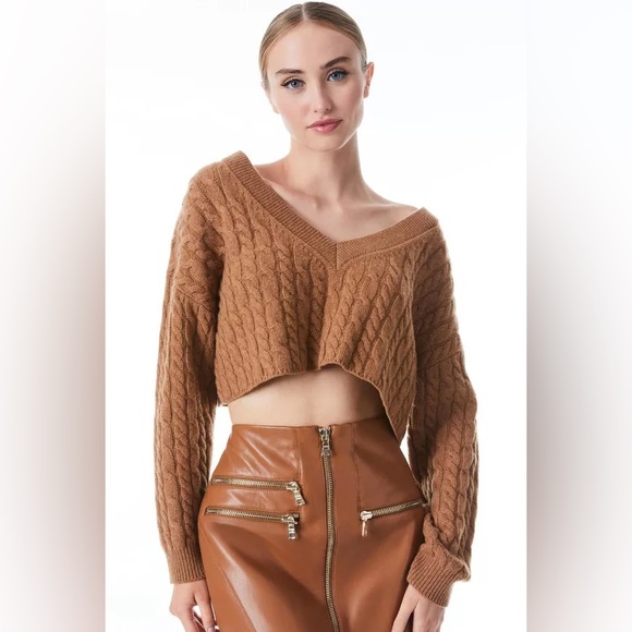 Alice + Olivia - Ayden Cropped V-Neck Pullover in Camel - Picture 2 of 10